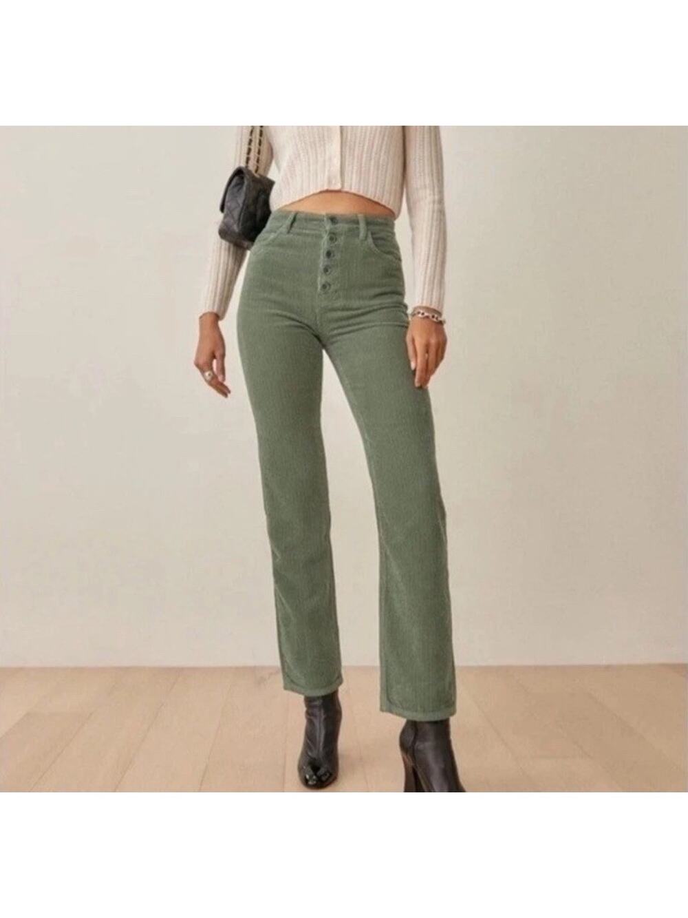 Reformation Corduroy Pants Cynthia 100% Cotton High Rise Straight Women 24 Green